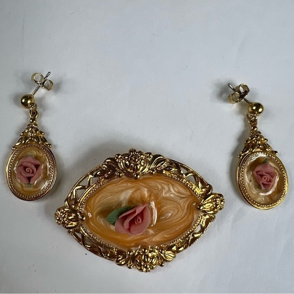 Pendant and earrings set pink rose China on swirl enamel and gold - Picture 1 of 10